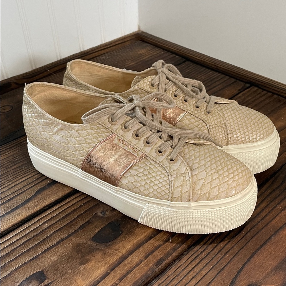 Superga 2790 Platform Cream and Rose Gold Snakeskin Sneakers